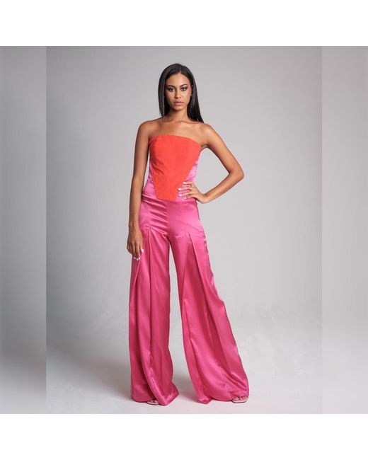 Imaatu Pink Shield Fuchsia Silk Alcantara Corset Jumpsuit – Luxury Wide-Leg