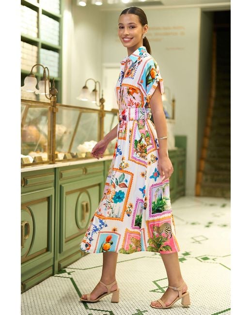Yumi' Metallic Neutrals Ivory Tropical Postcard Print Relaxed Midi Shirt Dress