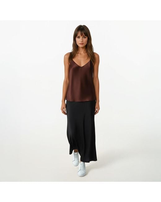 Haris Cotton Black Satin Viscose Midi Skirt With Elastic Waist And Back Darts