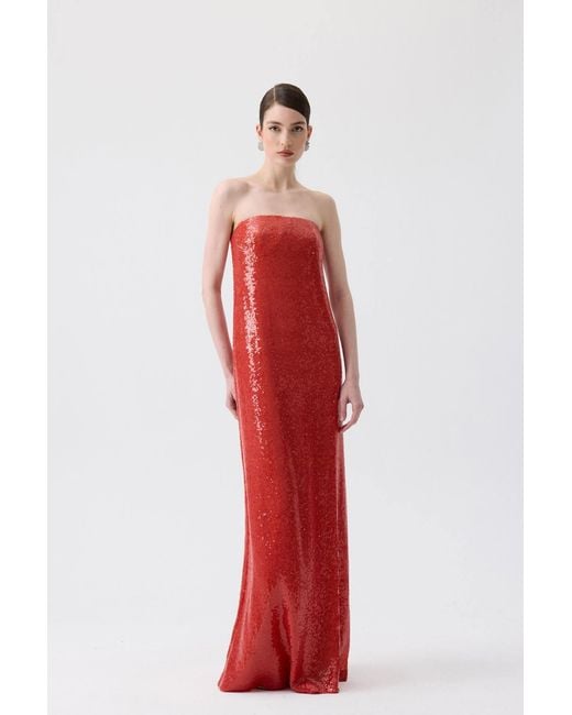 Rue Les Createurs Red Oranj Strapless Long Sequin Dress