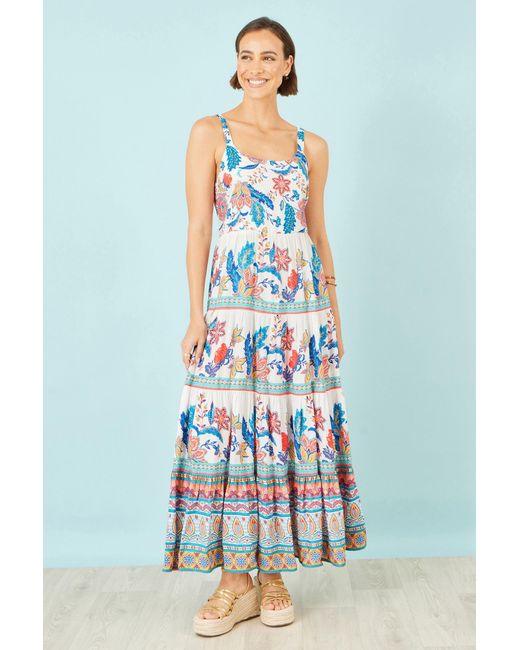 Yumi' Blue Boho Block Print Tiered Maxi Dress
