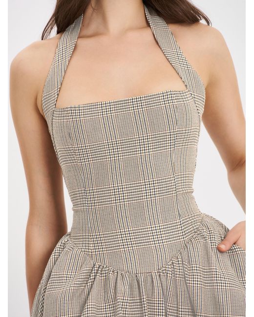 Miss Circle New York Gray Neutrals Dacia Plaid Halter Lace-Up Bubble Mini Dress