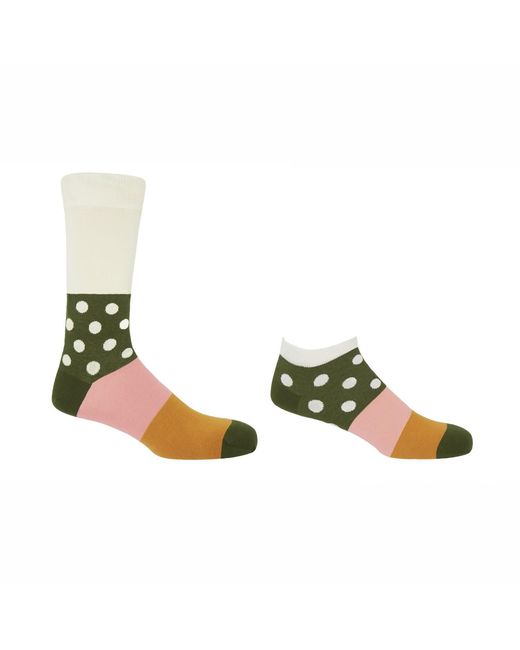 Peper Harow - Made in England Green Cream Mayfair Crew & Trainer Socks 2 Pack for men