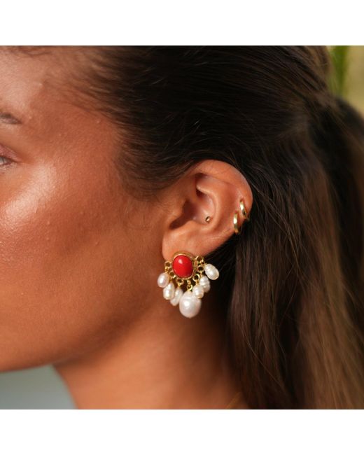 Ebru Jewelry Red Coral Pearl Cluster Drop Earrings
