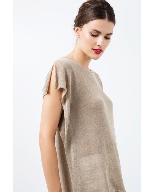 Conquista Natural Short Sleeve Semi Sheer Top With Shoulder Slits