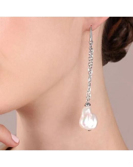 Unaloe White Baroque Freshwater Pearl Drop Earrings With Luminous Chains And Sterling Hook Clasp