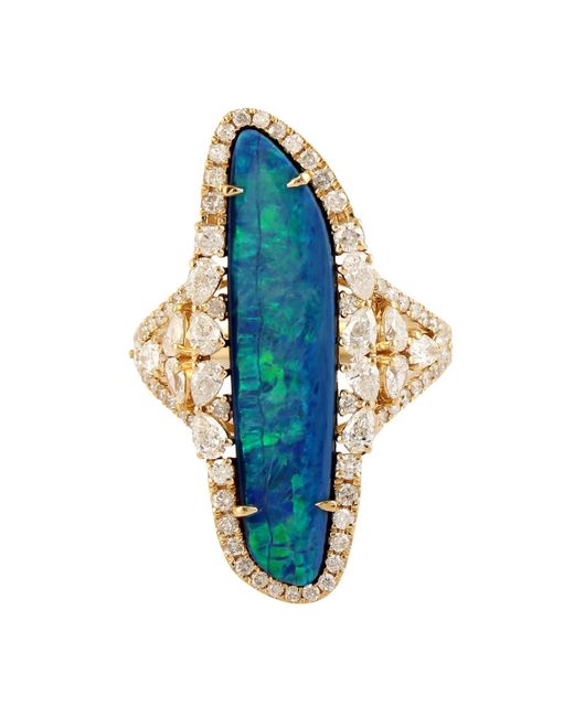 Artisan Blue Natural Diamond Opal Doublet Cocktail Ring 18k Yellow Gold Handmade Jewelry