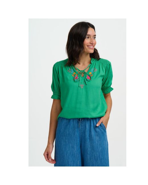 Sugarhill Green Angelique Shirred Top, Parrots Embroidery