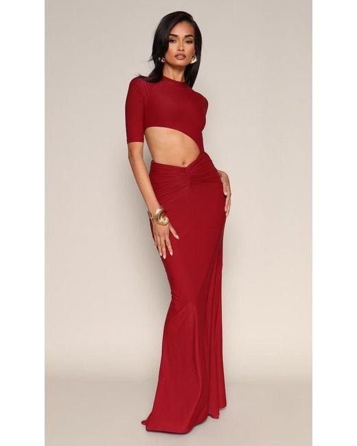 Moda Glam Red Side Cut Out Bodysuit- Burgundy