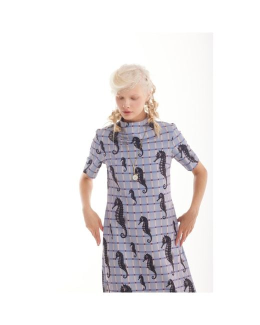 Julia Allert Gray Neutrals Pale Seahorse Grid Print Fluid A-Line Dress – Capsule Edition