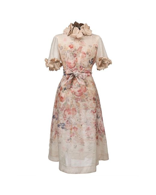Smart and Joy Natural Fit-And-Flare Flower Print Organza Dress