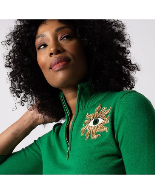 Laines London Green Laines Couture Quarter Zip Jumper With Embellished Mystic Eye