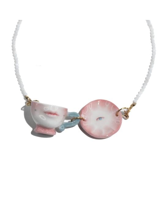 H2 Studio Pink The Cup Theater Mini Porcelain Cup & Plate Shell Beads Necklace