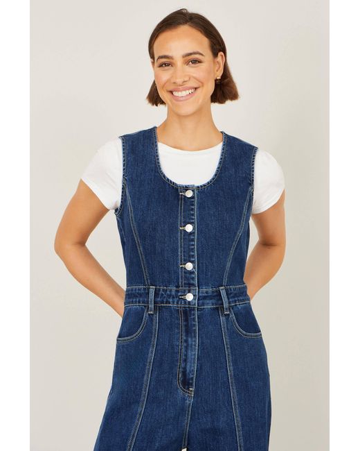 Yumi' Blue Denim Stretch Fitted Jumpsuit