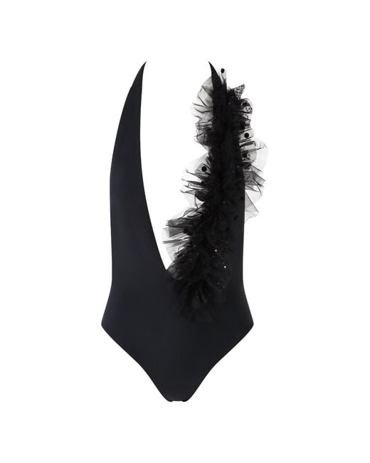 Belle -et-BonBon Black New Aprés Sun Collection Halterneck Swimsuit With Detachable Polka Dot Ruffle And Sequin Lace Ruffle