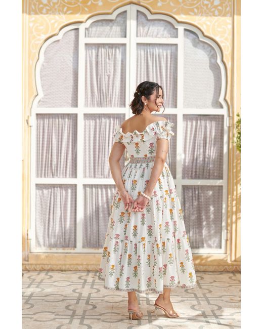 Echo of Pink White Isla Hand Block Print Offshoulder Cotton Maxi Dress