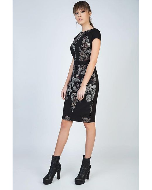Conquista Black Print Cap Sleeve Dress With Waistband