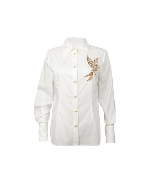House of Laines London White Laines Couture Tie Shirt With Embellished Bird Of Paradise