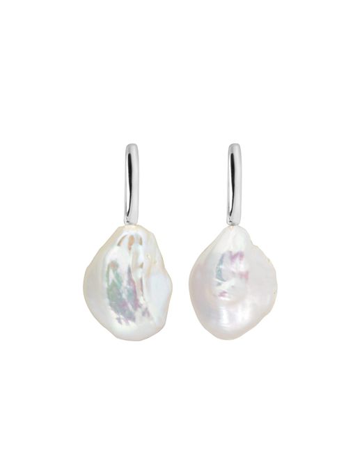 Ora Pearls White Aetis Flat Baroque Pearl Hoop Earrings-silver