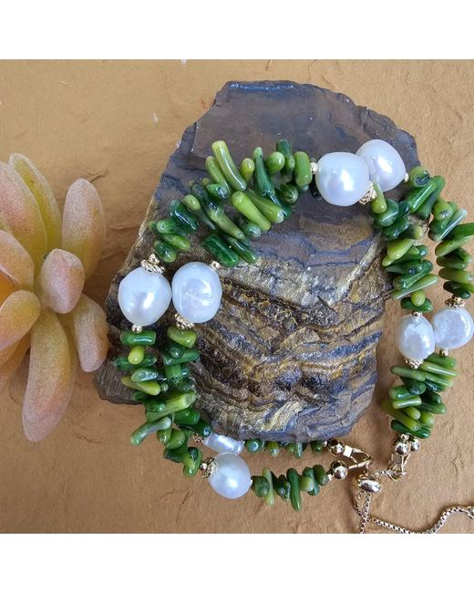 Farra Green Bamboo Coral With Freshwater Pearls Double Layers Bracelet