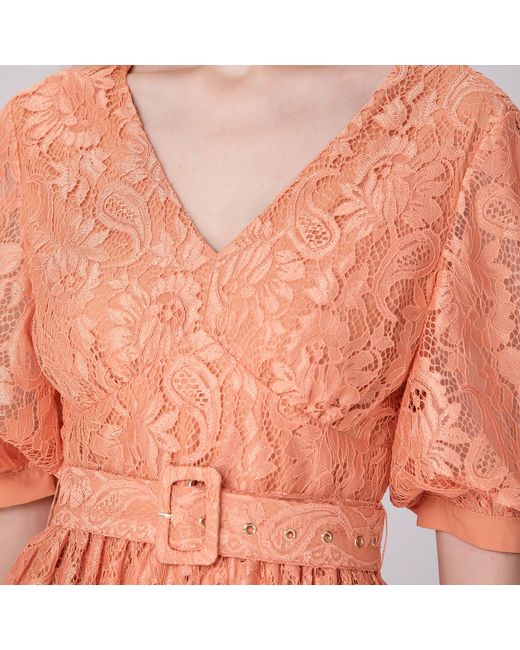 Smart and Joy Orange All-lace Puffy Sleeves Dress With Belt