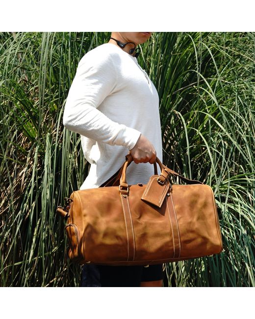 Touri Brown Leather Weekend Bag With Shoe Storage for men