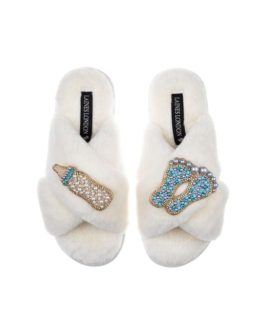 Laines London White Classic Laines Slippers With New Baby Boy Brooches