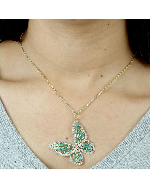Artisan Green 14k Yellow Gold In Baguette Emerald & Pave Diamond Butterfly Designer Pendant