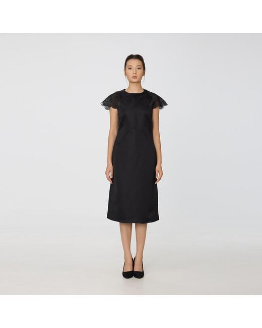 Smart and Joy Black Satin Shoulder Lace Inlay Dress