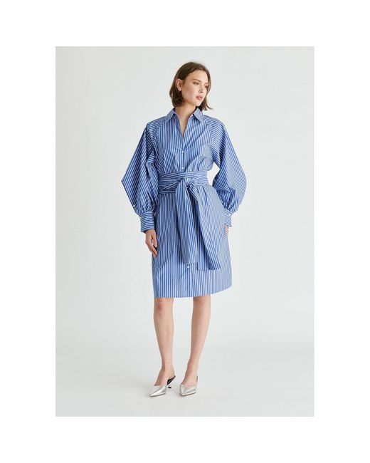 Paisie Blue Striped Volume Sleeve Shirt Dress With Matching Tie Belt
