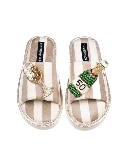 Laines London White Neutrals Flatform Stripe Open Toe Slippers With Champagne 50Th Birthday Brooches