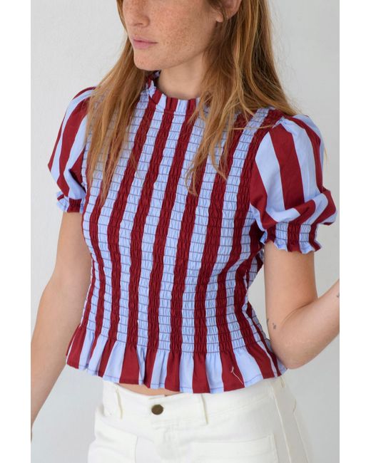 Mind Traveler Red Chia Burgundy And Light Short Sleeved Striped Blouse