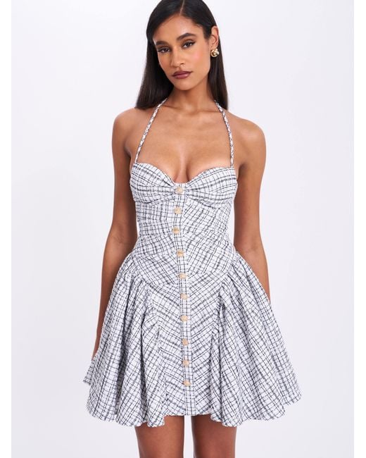 Miss Circle New York Gray Melody & Plaid Tweed Halter Drop Waist Mini Dress