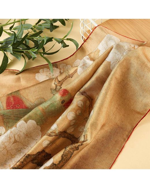Soft Strokes Silk Metallic Pure Silk Scarf Painting Parrot And Insect Among Pear Blossoms
