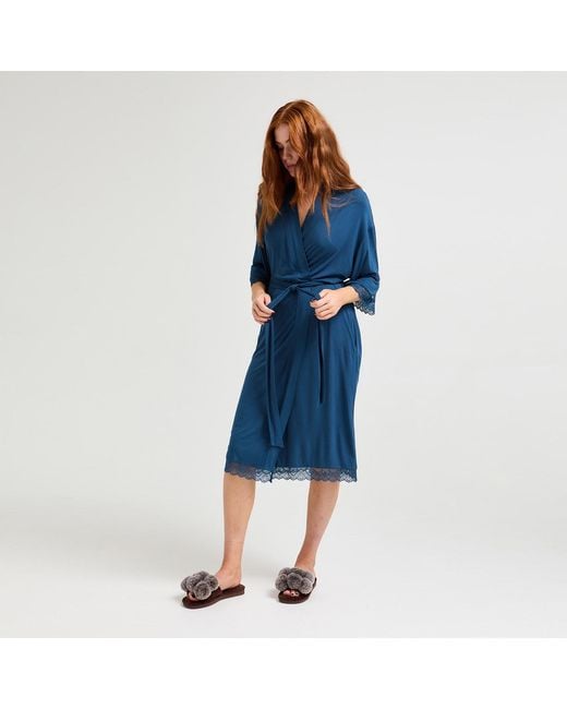 Pretty You London Blue Bamboo Lace Kimono Robe