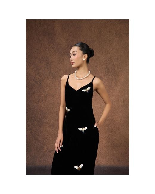 Silk and Bears Black Hand-Embroidered Bee Silk Velvet Evening Dress
