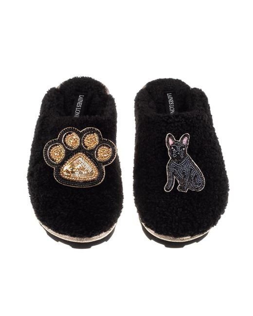 Laines London Black Teddy Closed Toe Slippers With Paw & Sitting French Bulldog Brooches