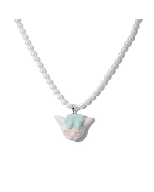 H2 Studio Metallic Angry Puss Mint Bow Tie Freshwater Pearl Necklace