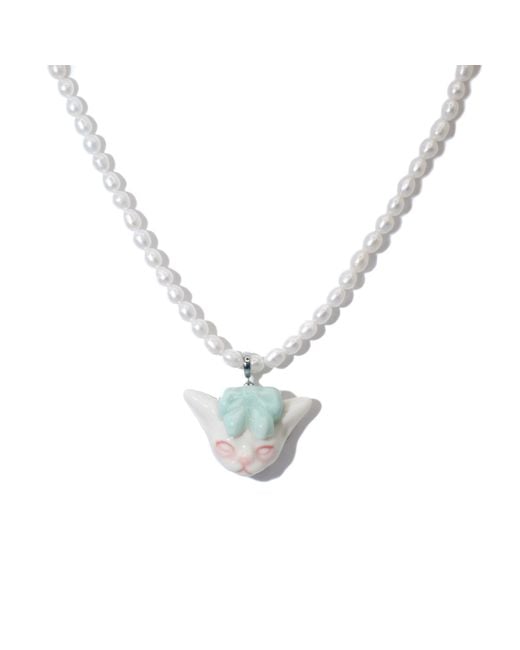 H2 Studio Metallic Angry Puss Mint Bow Tie Freshwater Pearl Necklace