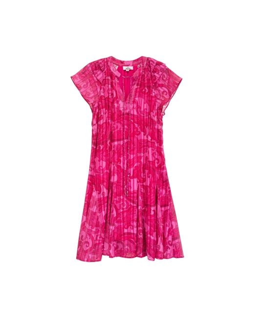 Niza Pink Printed Midi Dress With V-Neck And Short Sleeves