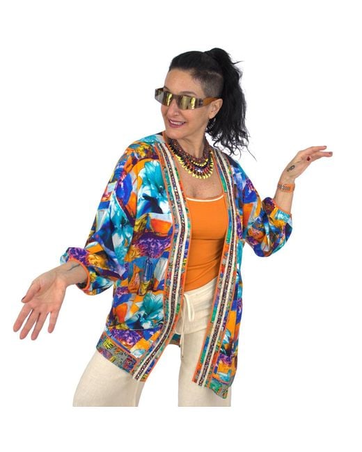 Lalipop Design Blue Colorful Flower Print Midi Kimono With Embroidery Borders
