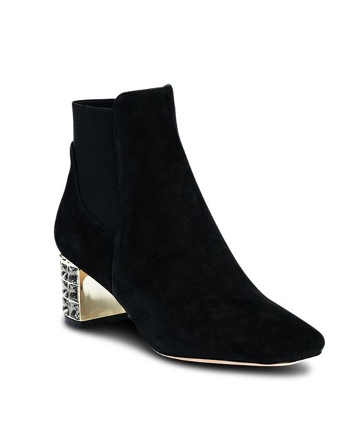 Allegra James Black Paley Suede Work Evening Chunky Rhinestone Block Heel Ankle Boot