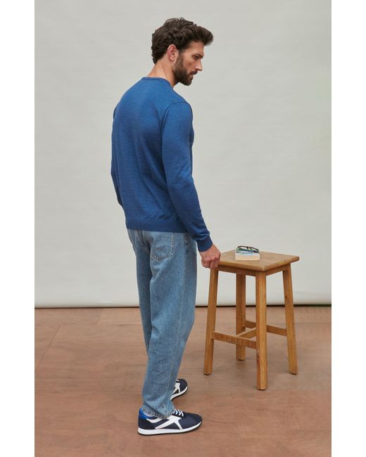 Paul James Knitwear Blue Extra Fine Merino Wool Calington Crew Neck Jumper for men
