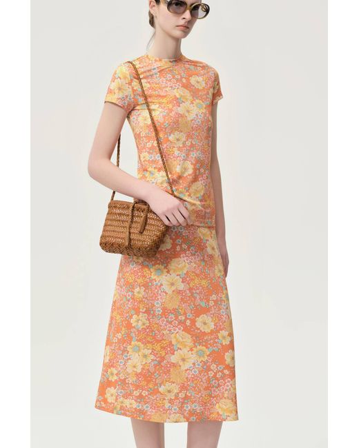 FRONT ROW SHOP Orange Daisy Viscose Jersey Midi Skirt
