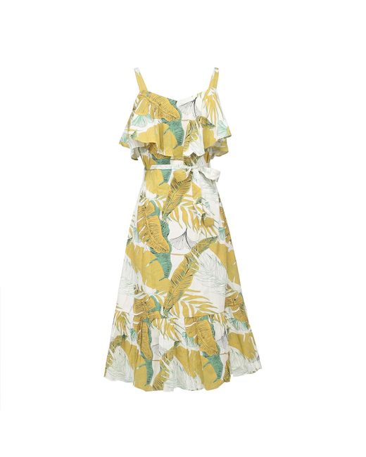 Smart and Joy Yellow Tropical Printed Trapeze Dress With Ruffles And Thin Straps