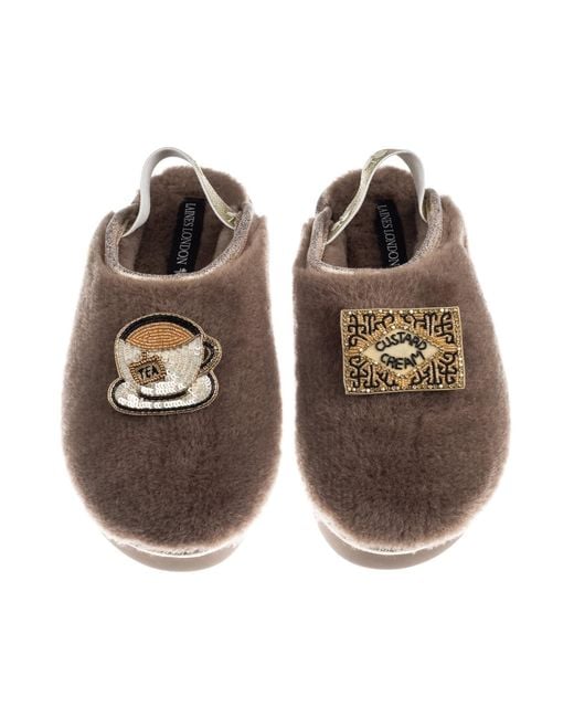 Laines London Brown Neutrals Flatform Cloud Closed Toe Slippers With Tea & Biscuit Brooches