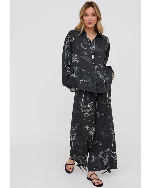 Raffya Black Palm Button Down Palm Print Shirt