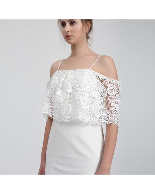 Smart and Joy White Bardot Lace Trim Off-Shoulder Mini Dress