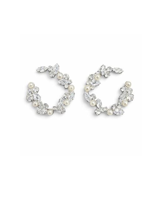 Maison De Gala Metallic Crystal And Pearl Open Hoop Earrings