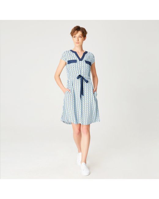 Smart and Joy Blue Tunic Dress With Drawstring Belt And Geometric Print